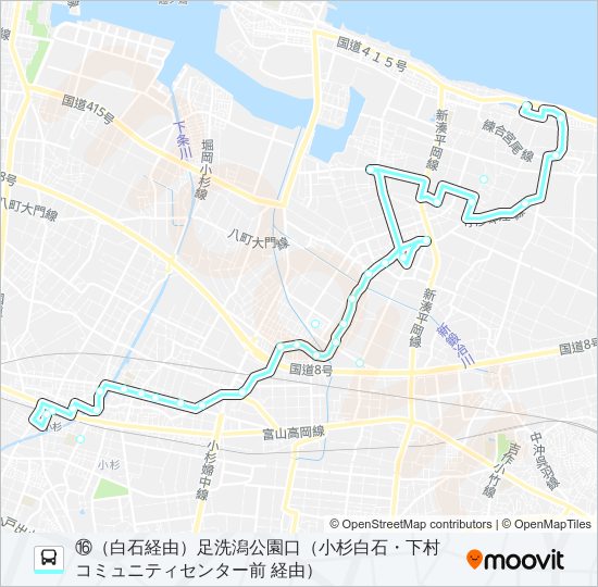 (16)小杉駅・下経由足洗線（南系統・白石） バスの路線図