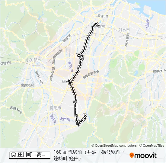 庄川町→高岡駅 バスの路線図
