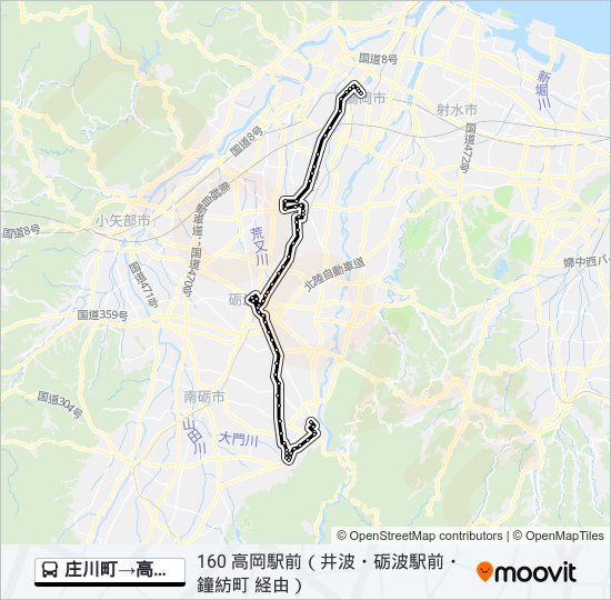 庄川町→高岡駅 バスの路線図