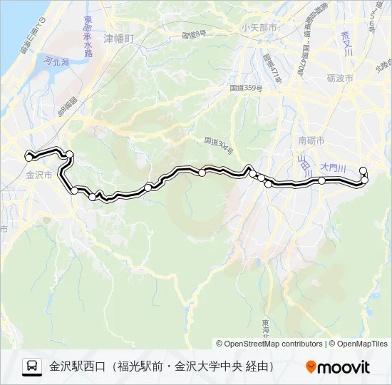 井波～金沢駅西口 Bus Line Map