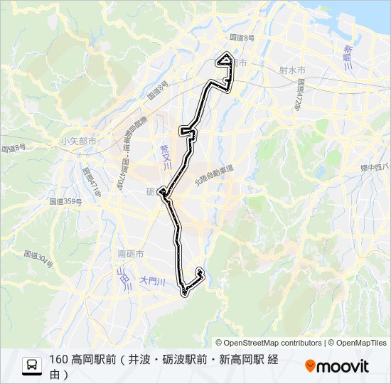 庄川町～高岡駅前 バスの路線図