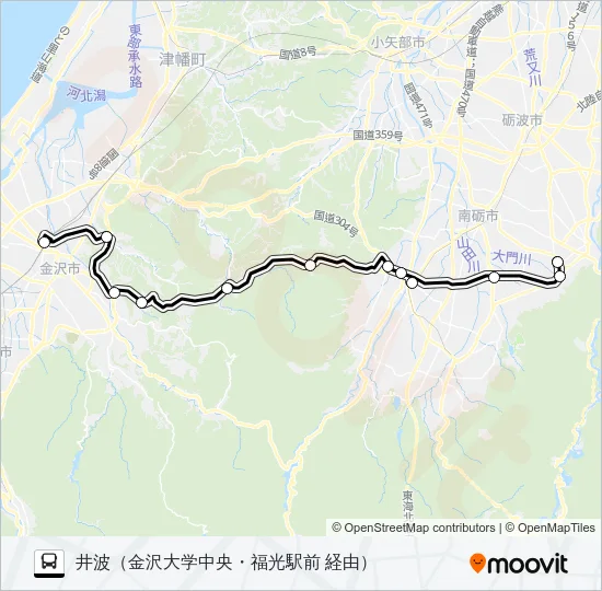 金沢駅西口～井波 バスの路線図