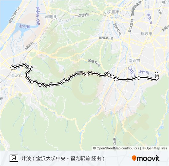 金沢駅西口～井波 バスの路線図