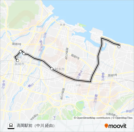 富山高専→高岡駅前 バスの路線図
