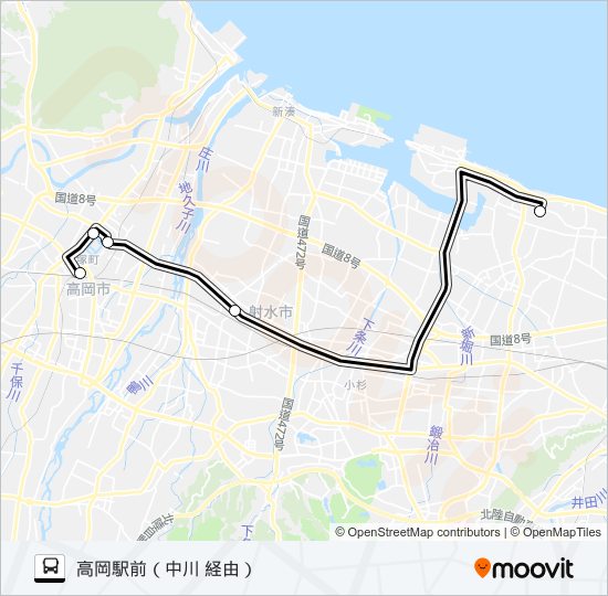 富山高専→高岡駅前 バスの路線図