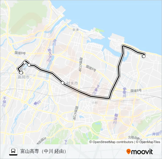 高岡駅前→富山高専 バスの路線図