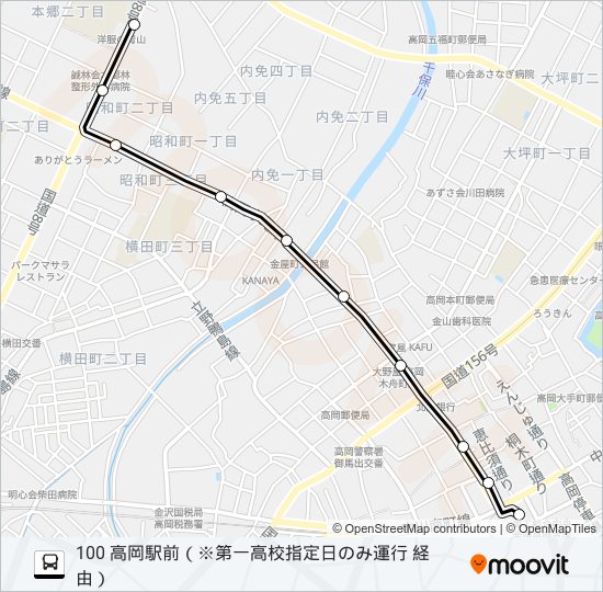 第一高校前～高岡駅前 バスの路線図