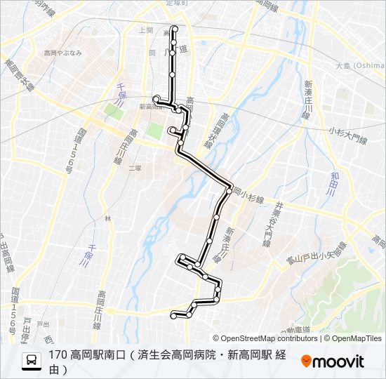 中田中学校前～高岡駅南口 バスの路線図