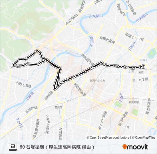 高岡駅前～石堤～高岡駅前 バスの路線図