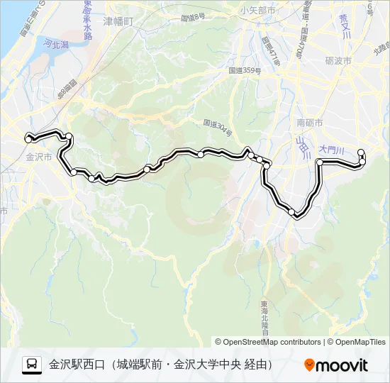 井波→城端駅前→金沢駅西口 バスの路線図