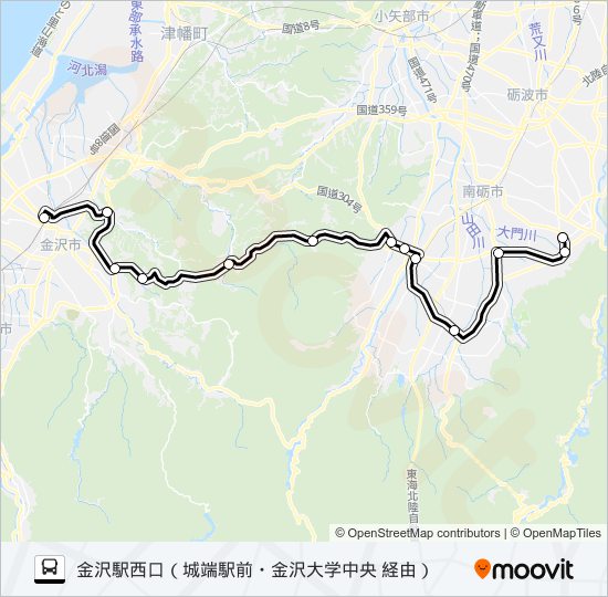 井波→城端駅前→金沢駅西口 bus Line Map
