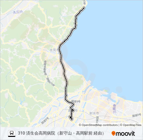 脇～新守山～済生会高岡病院 バスの路線図