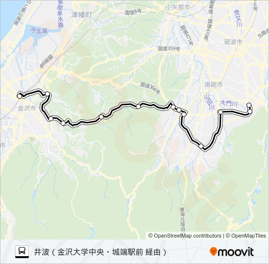 金沢駅西口→城端駅前→井波 バスの路線図