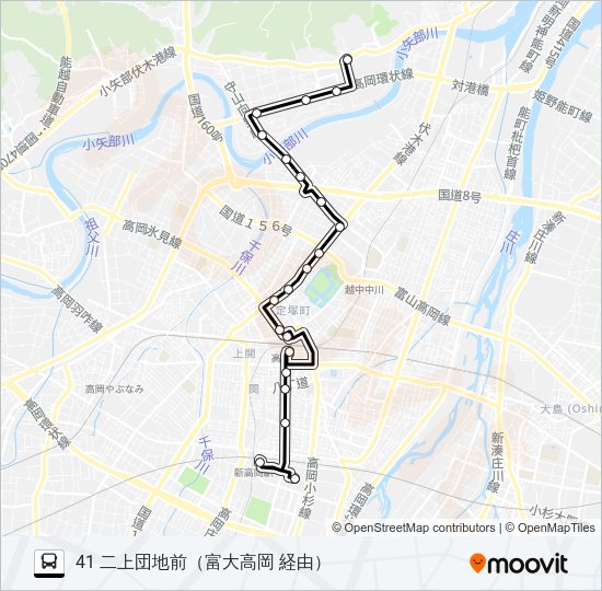 イオンモール高岡→二上団地前 Bus Line Map