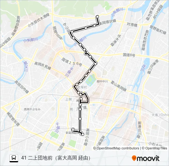 イオンモール高岡→二上団地前 バスの路線図