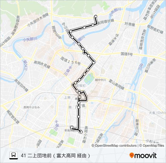 イオンモール高岡→二上団地前 バスの路線図