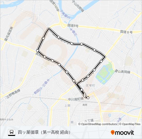 末広町～第一高校前～高岡駅前 バスの路線図