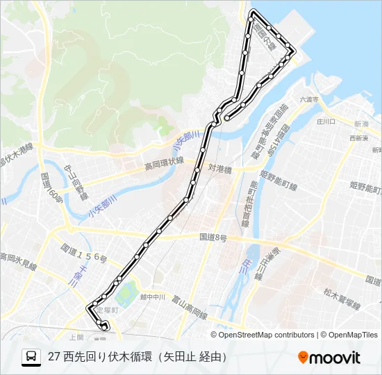 高岡駅前～伏木駅前～矢田　止 Bus Line Map