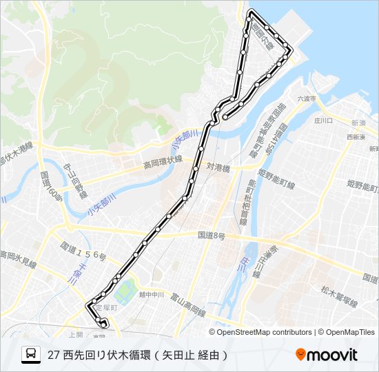 高岡駅前～伏木駅前～矢田　止 バスの路線図