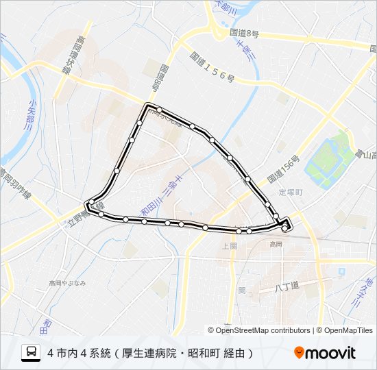 高岡駅前～厚生連病院～昭和町 バスの路線図