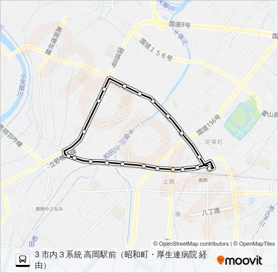 高岡駅前～昭和町～厚生連病院 バスの路線図