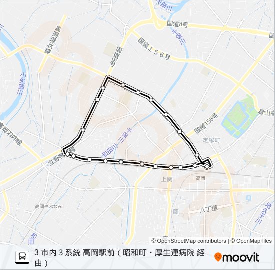 高岡駅前～昭和町～厚生連病院 バスの路線図