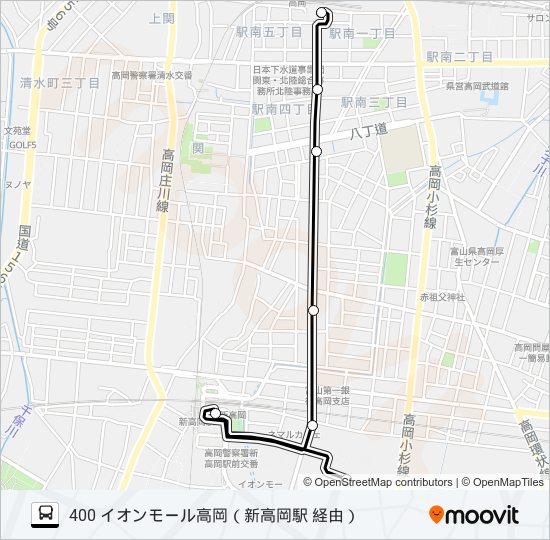 高岡駅南口～イオンモール高岡 バスの路線図