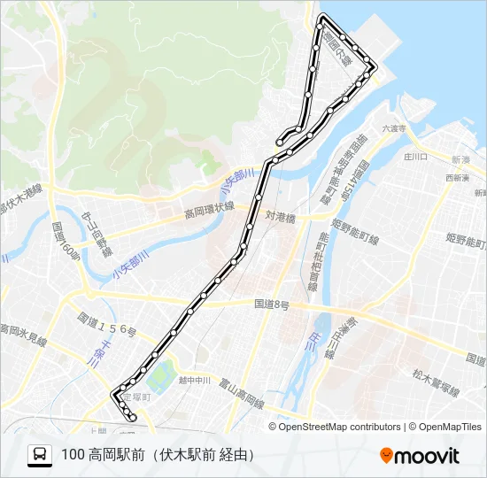 矢田神社前～伏木駅前～高岡駅前 バスの路線図