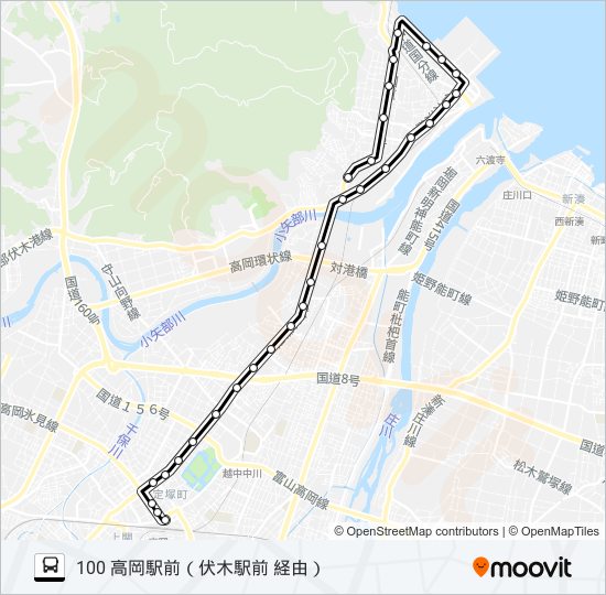 矢田神社前～伏木駅前～高岡駅前 bus Line Map