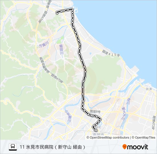 高岡駅前～新守山～氷見市民病院 バスの路線図