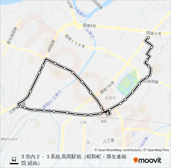 職業安定所前～昭和町～厚生連病院 バスの路線図
