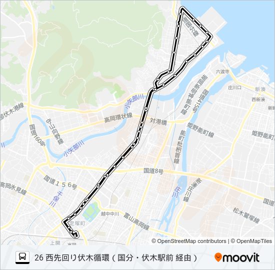 高岡駅前～国分～伏木駅前～高岡駅前 バスの路線図