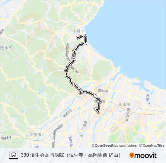 氷見市民病院～仏生寺～済生会高岡病院 バスの路線図
