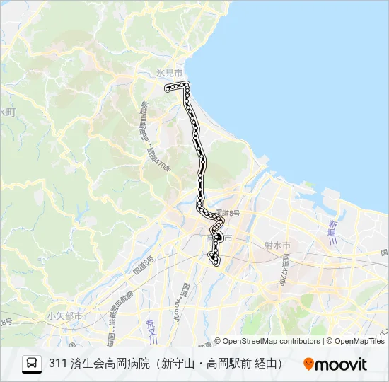 氷見市民病院～新守山～済生会高岡病院 バスの路線図