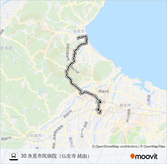 済生会高岡病院～仏生寺～氷見市民病院 バスの路線図