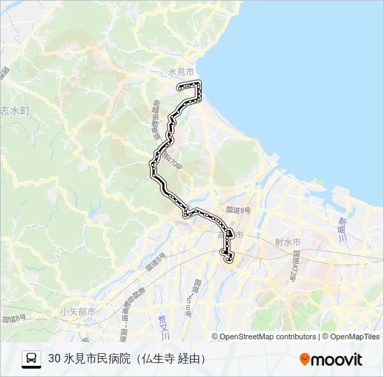 済生会高岡病院～仏生寺～氷見市民病院 バスの路線図