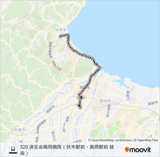 氷見市民病院～伏木駅前～済生会高岡病院 バスの路線図