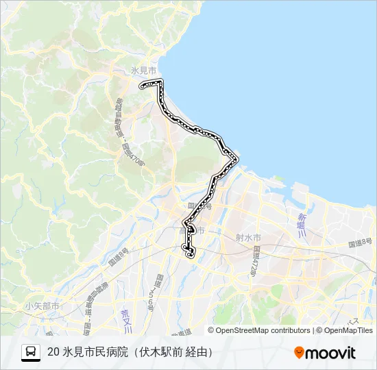 済生会高岡病院～伏木駅前～氷見市民病院 バスの路線図