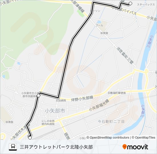 石動駅前～三井アウトレットパーク北陸小矢部 バスの路線図