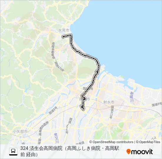 氷見市民病院～高岡ふしき病院～済生会高岡病院 バスの路線図