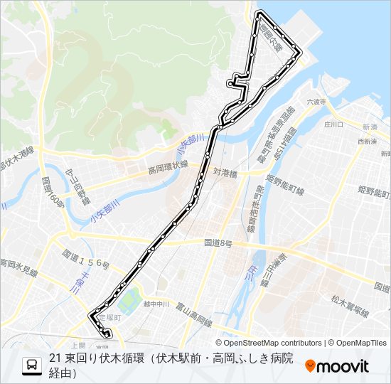 高岡駅前～伏木駅前～高岡ふしき病院～高岡駅前 Bus Line Map