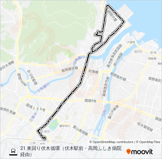 高岡駅前～伏木駅前～高岡ふしき病院～高岡駅前 Bus Line Map