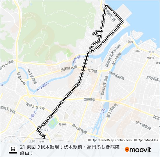 高岡駅前～伏木駅前～高岡ふしき病院～高岡駅前 バスの路線図