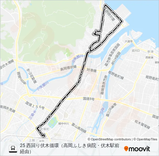 高岡駅前～高岡ふしき病院～伏木駅前～高岡駅前 Bus Line Map