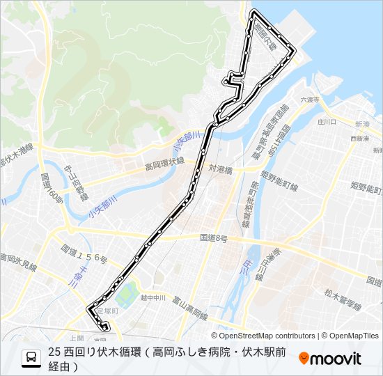 高岡駅前～高岡ふしき病院～伏木駅前～高岡駅前 バスの路線図