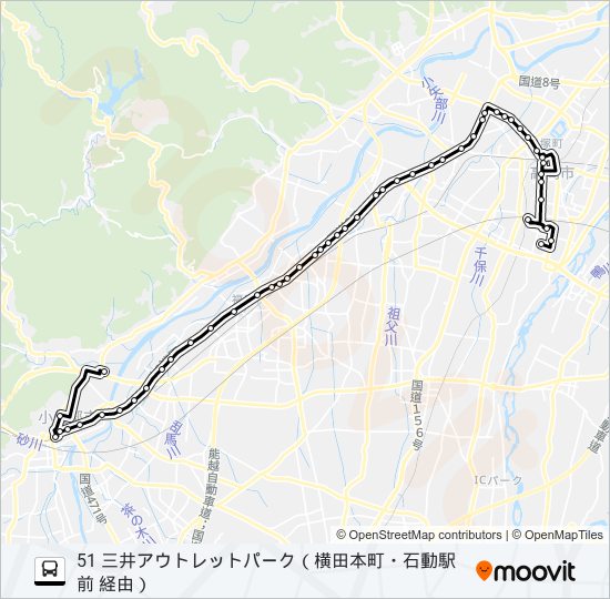 済生会高岡病院～三井アウトレットパーク北陸小矢部 バスの路線図