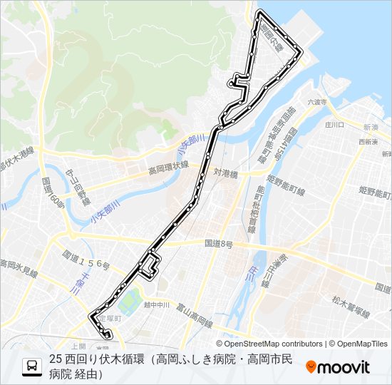 高岡駅前～高岡ふしき病院～高岡市民病院～高岡駅前 バスの路線図