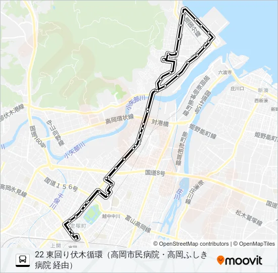 高岡駅前～高岡市民病院～高岡ふしき病院～高岡駅前 Bus Line Map