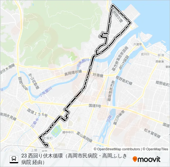 高岡駅前～高岡市民病院～高岡ふしき病院～高岡駅前 Bus Line Map