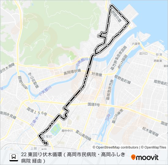 高岡駅前～高岡市民病院～高岡ふしき病院～高岡駅前 バスの路線図